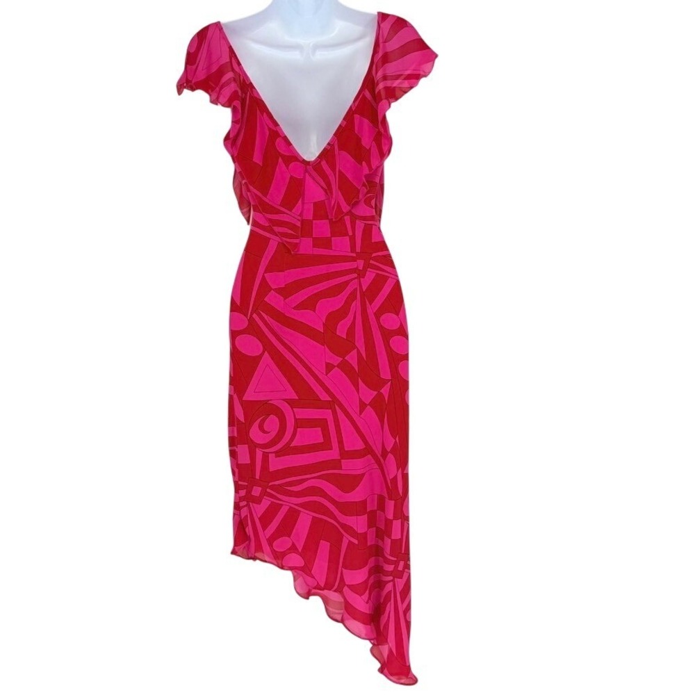 Morrell Maxie VTG 100% Silk Pink Red Psychedelic Asymmetrical Hem Dress 10‎ - Picture 5 of 10